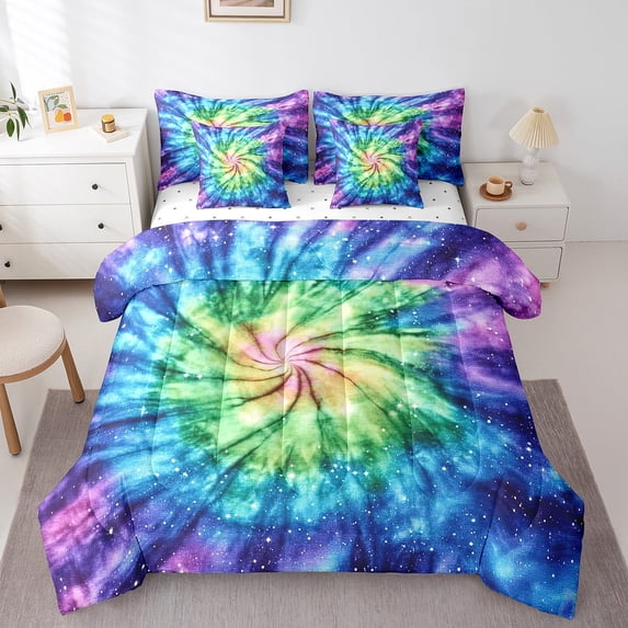 jejeloiu Watercolor Tie Dye Bedding Comforter Set 7pcs,Abstract Aesthetic Desgin Queen Bedding Sets,Glitter Starry Night Queen Sheet Sets For Child,Luxury Bedroom Decor