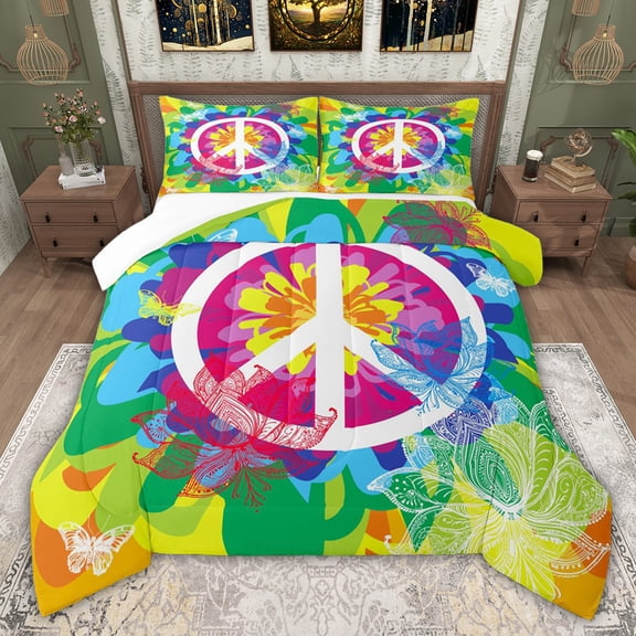 jejeloiu Watercolor Tie-Dye Queen Comforter Set,Vintage Flowers Floral Bedding Comforter Set For Teens 3-Piece