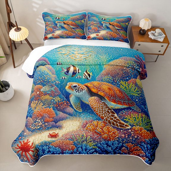 jejeloiu Watercolor Turtle Coral Quilt Full Kids,Ocean Animal Pattern Full Bedspread Sets,3pcs