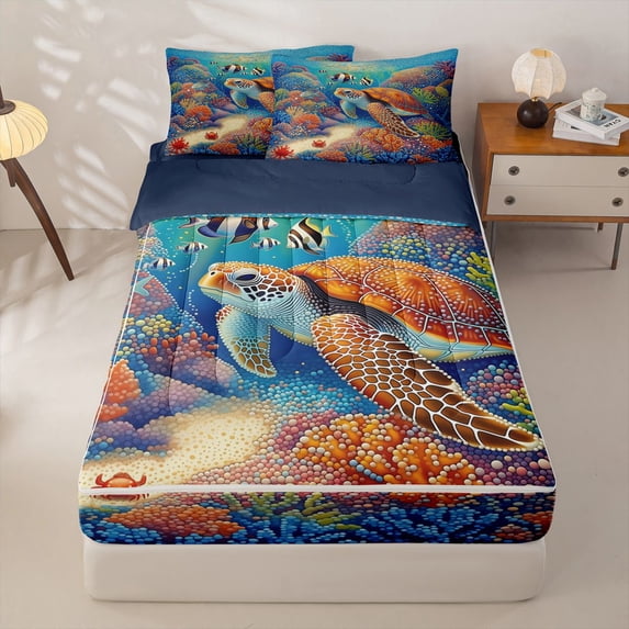 jejeloiu Watercolor Turtle Coral Zipper Full Size Comforter Sets with Fitted Sheet and 2 Pillowcases Kids,Ocean Animal Pattern Zipper Bedding Set,Reversible,4 Pieces