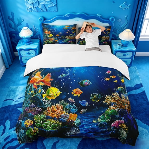 jejeloiu Watercolor Underwater World Bedding,Tropical Fish Coral Duvet Cover Full For Boys,Blue Multicolor,3-Piece,1 Duvet Cover and 2 Pillowcases