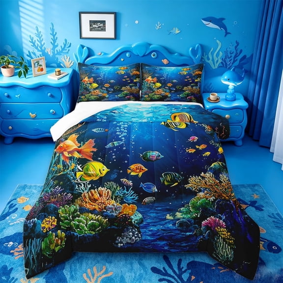 jejeloiu Watercolor Underwater World Full Size Comforter Sets,Tropical Fish Coral Bedding Comforter Set For Boys,Blue Multicolor,3 Pieces,1 Comforter and 2 Pillowcases