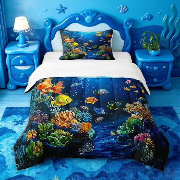 jejeloiu Watercolor Underwater World Twin Comforter Sets,Tropical Fish Coral Bedding Set For Boys,Blue Multicolor,2pcs,1 Comforter and 1 Pillowcase