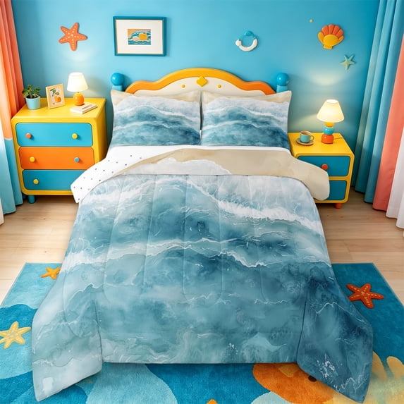 jejeloiu Watercolor Wave Full Size Comforter Sets,Coastal Beach Bedding Comforter Set For Boys,Blue Beige,Reversible,3pcs,1 Comforter and 2 Pillowcases