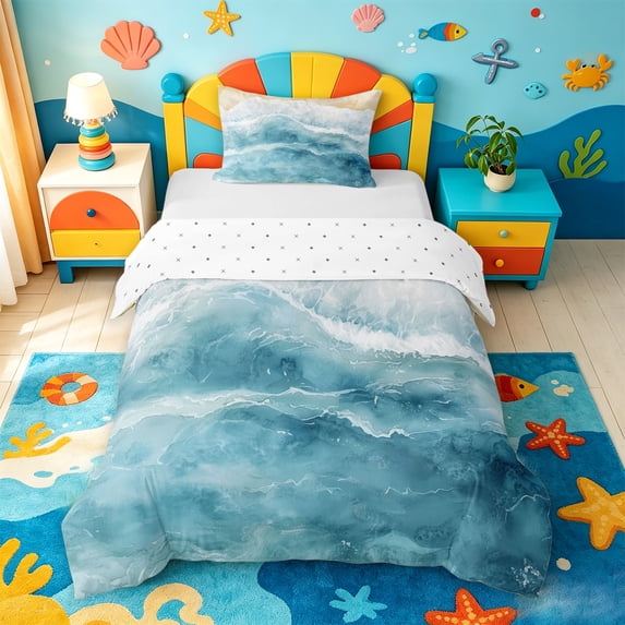 jejeloiu Watercolor Wave Twin Duvet Cover,Coastal Beach Twin Bedding For Boys,Blue Beige,Reversible,2-Piece,1 Duvet Cover and 1 Pillowcase