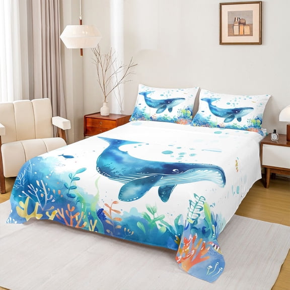 jejeloiu Watercolor Whale Ocean Bed Sheets Kids,Sea Print King Sheets,4-Piece