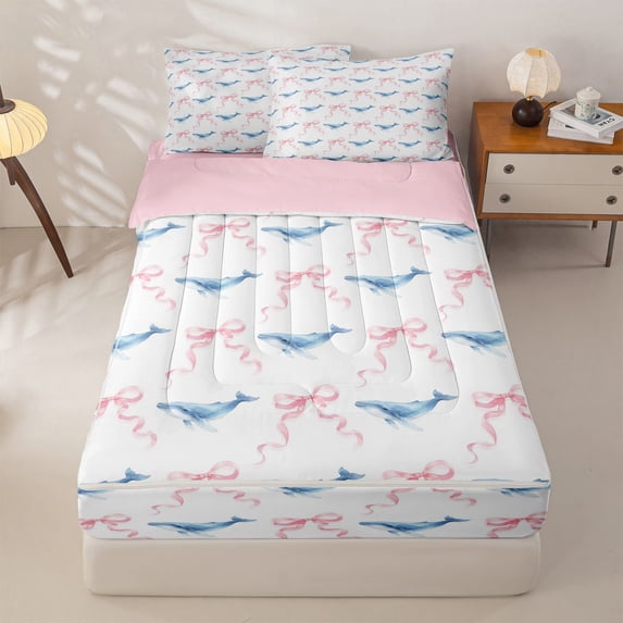 jejeloiu Watercolor Whale Ribbon Zipper Full Size Comforter Sets with Fitted Sheet and 2 Pillowcases For Girls,Delicate Coastal Print Zipper Bedding Set,White Blue,Pink Reversible,4 Pieces