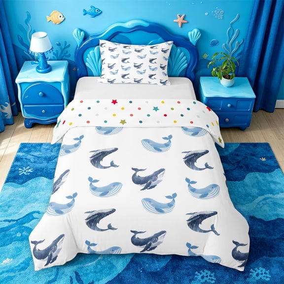 jejeloiu Watercolor Whale Twin Duvet Cover,Ocean Animal Print Twin Bedding For Boys,Blue White,Polkadot Reversible,2pcs,1 Duvet Cover and 1 Pillowcase