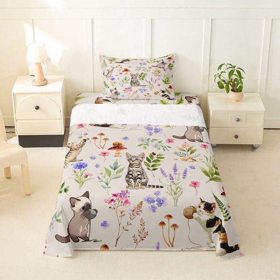 jejeloiu Watercolor Woodland Cat Twin Sheet Sets For Kids,Floral Kitten Print Bedding For Girl,3 Pieces