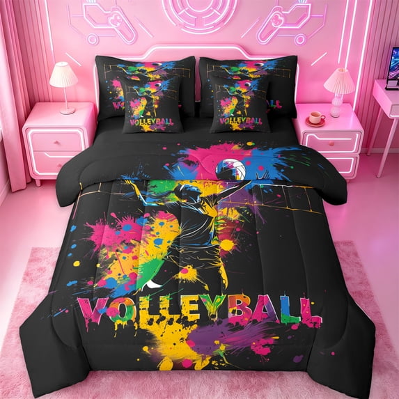 jejeloiu Watercolorful Splashing Ink 7pcs Bedding Comforter Set,Baseball Sport Queen Bedding Sets,Ball Game Lover Queen Sheet Sets For Teens,Microfiber Bedroom Decor Reversible
