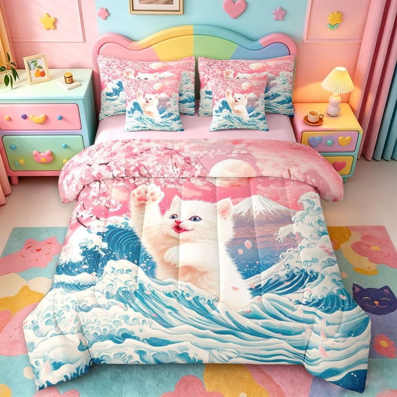 jejeloiu Wave Cherry Blossom Kitten 7pcs Bedding Comforter Set Kids,Magical Cat Print Queen Bedding Sets,Reversible