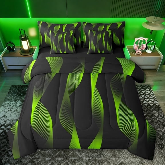 jejeloiu Waves Geometric Stripe 7-Piece Twin Bedding Sets,Black Green Bedding Comforter Set For Adults Reversible