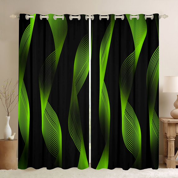jejeloiu Waves Geometric Stripe Blackout Curtains Set of 2 (52x84 Each),Black Green Window Curtains For Adults