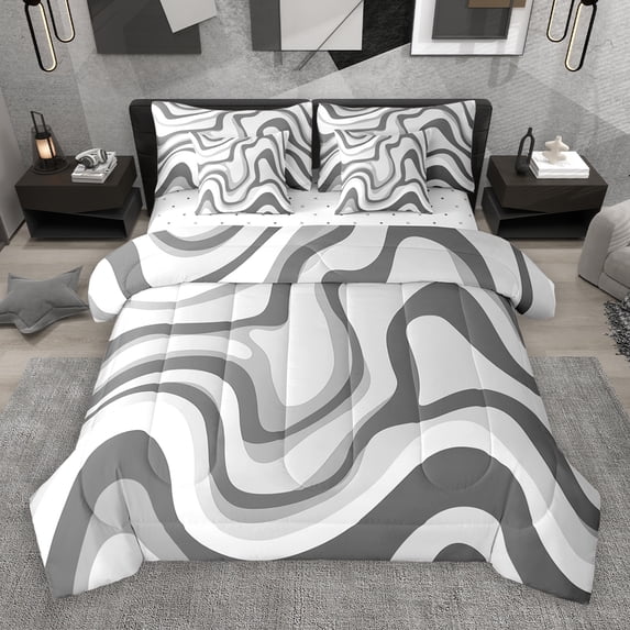 jejeloiu Waves Lines 7-Piece Bedding Comforter Set,Minimalism Geometric Stripes King Bedding Sets,Gray White Bed Sheets For Girls Boys,Super Cozy Room Decor Reversible