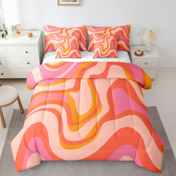 jejeloiu Waves Lines 7-Piece Bedding Comforter Set,Minimalism Geometric Stripes King Bedding Sets,Red Orange Pink Bed Sheets For Girls Boys,Super Cozy Room Decor Reversible