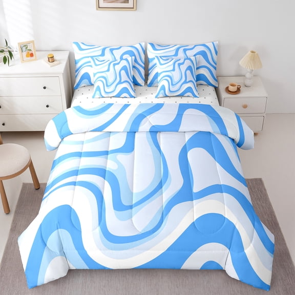 jejeloiu Waves Lines 7-Piece Twin Bedding Sets,Minimalism Geometric Stripes Bedding Comforter Set,Blue White Sheet Sets For Girls Boys,Super Cozy Room Decor Reversible