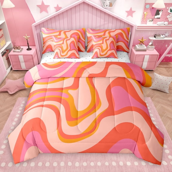 jejeloiu Waves Lines 7pcs Bedding Comforter Set,Minimalism Geometric Stripes Queen Bedding Sets,Red Orange Pink Queen Sheet Sets For Girls Boys,Super Cozy Room Decor Reversible