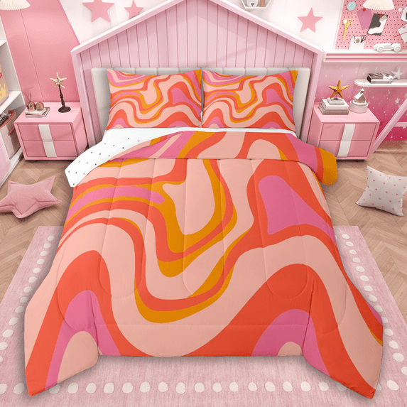 jejeloiu Waves Lines Bedding Comforter Set,Minimalism Geometric Stripes Twin Comforter Sets,Red Orange Pink Bedding Set For Girls Boys,Super Cozy Room Decor Reversible,2 Pieces