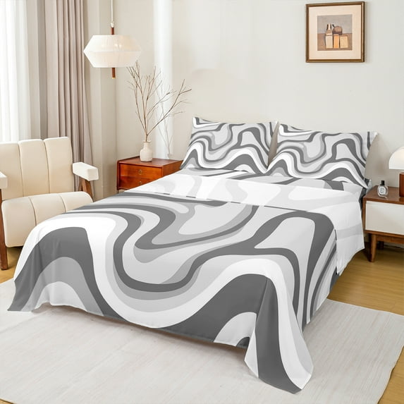 jejeloiu Waves Lines Queen Sheet Sets,Minimalism Geometric Stripes Flat Sheet,Gray White Queen Fitted Sheet For Girls Boys,Super Cozy Room Decor,4 Pieces