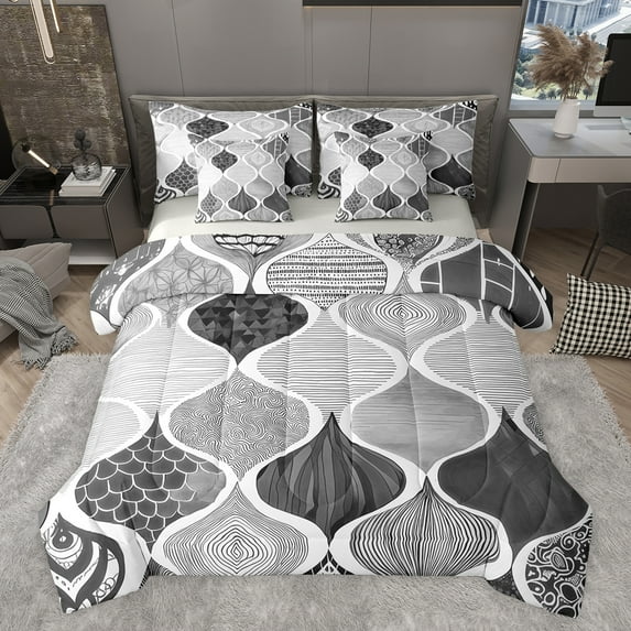 jejeloiu Waves Striped Lines 7-Piece Bedding Comforter Set,Boho Gemoetric Pattern King Bedding Sets,Gray Mermaid Print Bed Sheets For Adults,Super Cozy Room Decor Reversible