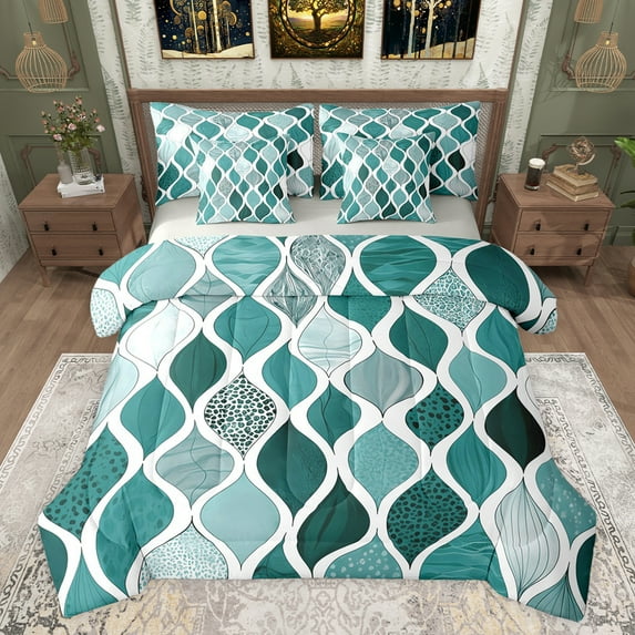 jejeloiu Waves Striped Lines 7 Pieces Bedding Comforter Set,Boho Gemoetric Pattern Full Bedding Set,Cyan Mermaid Print Abstract Fitted Sheet Flat Sheet For Adults,Super Cozy Room Decor Reversible
