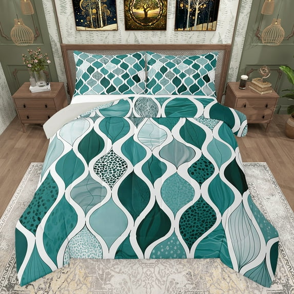 jejeloiu Waves Striped Lines Queen Comforter Set,Boho Gemoetric Pattern Bedding Sets,Cyan Mermaid Print Abstract Bedding Comforter Set For Adults,Super Cozy Room Decor Reversible,3-Piece
