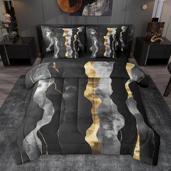 jejeloiu Waves Stripes Lines 7pcs Bedding Comforter Set,Black Gray Queen Bedding Sets For Girls Kids Reversible