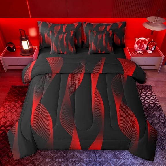 jejeloiu Waves Stripes Lines 7pcs Bedding Comforter Set,Red Abstract Geometric Queen Bedding Sets For Men Women Reversible