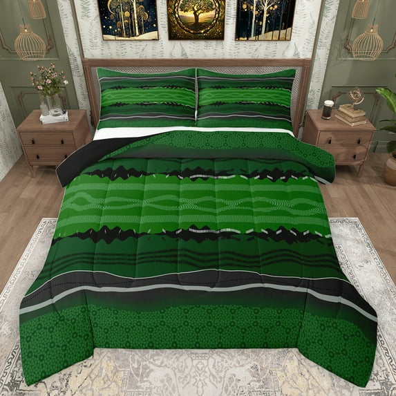 jejeloiu Waves Vintage Lines Queen Comforter Set,Geometric Stripe Pattern Bedding Sets,Black Green Bedding Comforter Set For Teens,Breathable Home Decor Reversible,3-Piece