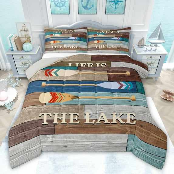 jejeloiu Welcome Lake House Queen Comforter Set,Multicolor Vintage Wooden Bedding Comforter Set For Men Women Reversible 3 Pieces