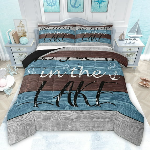 jejeloiu Welcome Lake House Twin Comforter Sets,Blue Brown Gray Bedding Set For Teens Kids Reversible 2-Piece