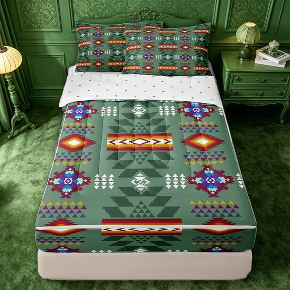 jejeloiu Western Aztec Zipper Twin Comforter Sets with Fitted Sheet and 2 Pillowcases,Ethnic Geometric Zipper Bedding Set For Boys,Green,Reversible,4-Piece