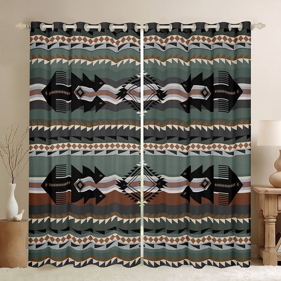 jejeloiu Western Boho Bohemian Curtains Pack of 2 (42x84 Each),Aztec Geometric Pattern Curtains Blackout,Green Black Bedroom Curtains For Adults,Luxury Bedroom Decor