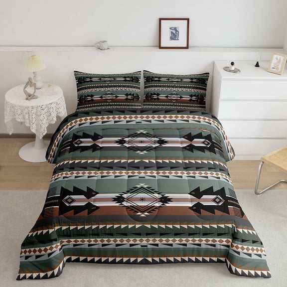 jejeloiu Western Boho Bohemian Queen Comforter Set,Aztec Geometric Pattern Bedding Sets,Green Black Bedding Comforter Set For Adults,Luxury Bedroom Decor Reversible,3 Pieces