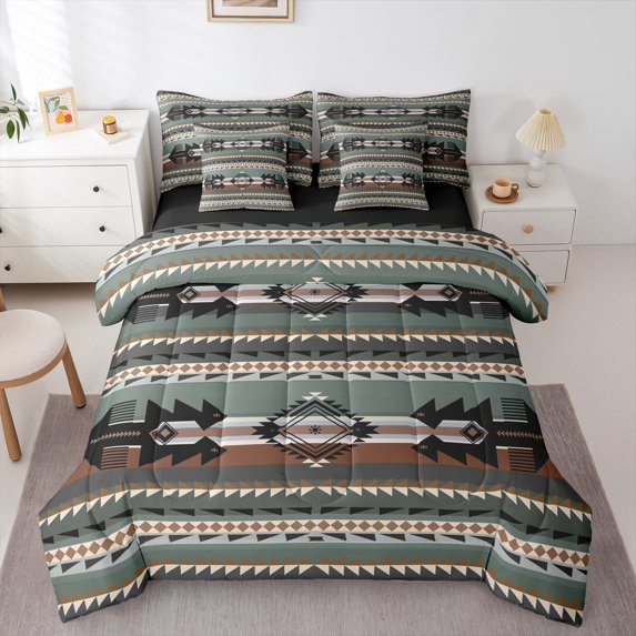 jejeloiu Western Boho Bohemian Twin Bedding Sets 7-Piece,Aztec Geometric Pattern Bedding Comforter Set,Green Black Sheet Sets For Adults,Luxury Bedroom Decor Reversible