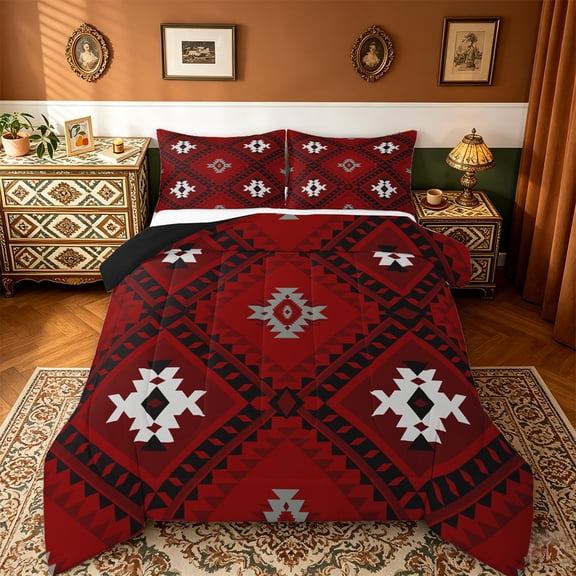 jejeloiu Western Boho Tribal Queen Comforter Set,Retro Aztec Geometric Bedding Sets,Red Black White Bedding Comforter Set For Adult,Microfiber Bedroom Decor Reversible,3 Pieces