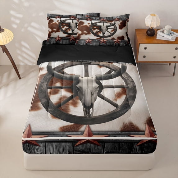 jejeloiu Western Bull Skull Zipper Full Size Comforter Sets with Fitted Sheet and 2 Pillowcases For Kids,Rustic Cowhide Retro Texas Stars Print Zipper Bedding Set For Boys,Reversible,4 Pieces