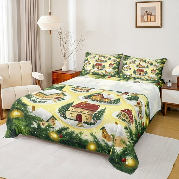 jejeloiu Western Christmas Cabin Bed Sheets,Xmas Holiday Tree King Sheets,Happy New Year Sheet Set,Microfiber Bedroom Decor,4 Pieces