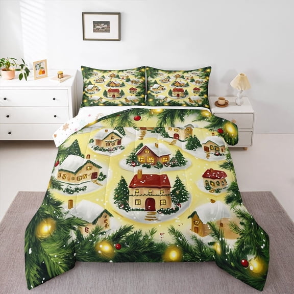 jejeloiu Western Christmas Cabin Queen Comforter Set,Xmas Holiday Tree Bedding Sets,Happy New Year Bedding Comforter Set,Microfiber Bedroom Decor Reversible,3-Piece