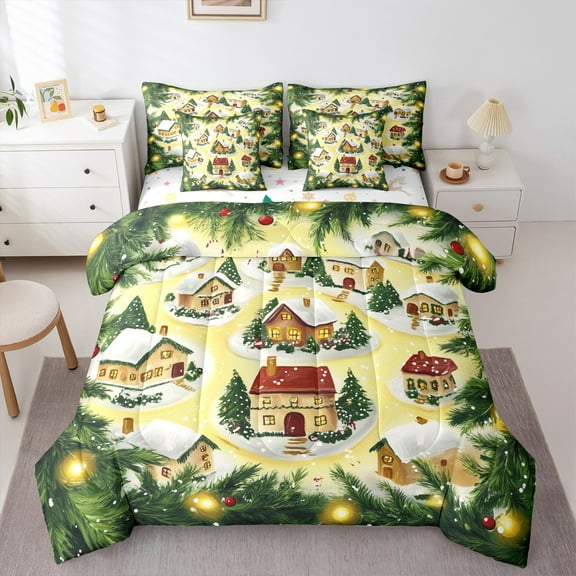 jejeloiu Western Christmas Cabin Twin Bedding Sets 7-Piece,Xmas Holiday Tree Bedding Comforter Set,Happy New Year Sheet Sets,Microfiber Bedroom Decor Reversible