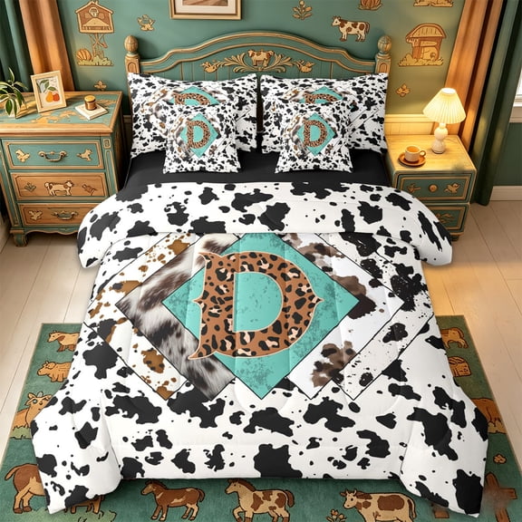 jejeloiu Western Cow Print Monogram D 7pcs Bedding Comforter Set For Boy,Leopard Initial Print Queen Bedding Sets,Black Reversible
