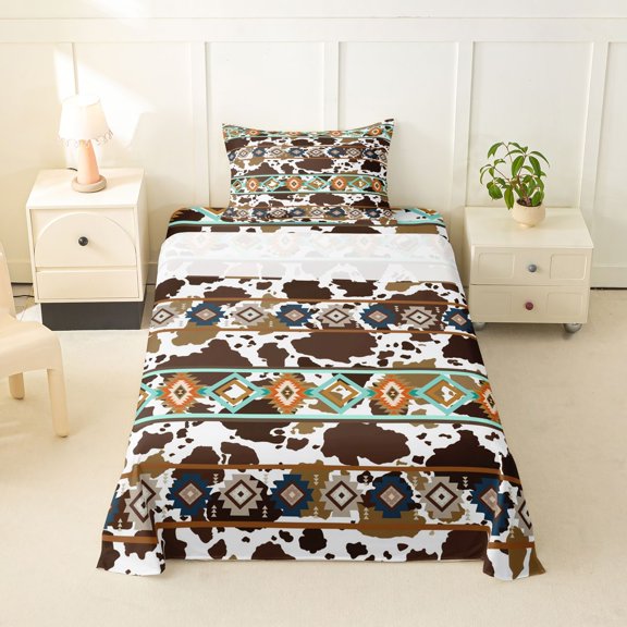 jejeloiu Western Cow Print Twin Sheet Sets Kids,Retro Aztec Geometric Bedding,3-Piece