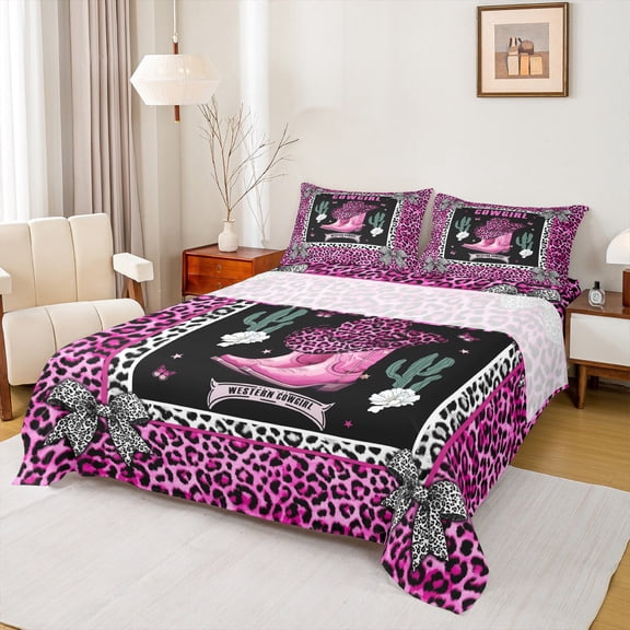 jejeloiu Western Cowboy Boots Bed Sheets,Chic Leopard Print King Sheets,Cheetah Pattern Bowknot Bowtie Sheet Set For Girls Kids,Breathable Home Decor,4 Pieces