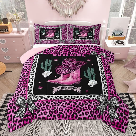 jejeloiu Western Cowboy Boots Bedding Comforter Set,Chic Leopard Print Twin Comforter Sets,Cheetah Pattern Bowknot Bowtie Bedding Set For Girls Kids,Breathable Home Decor Reversible,2 Pieces