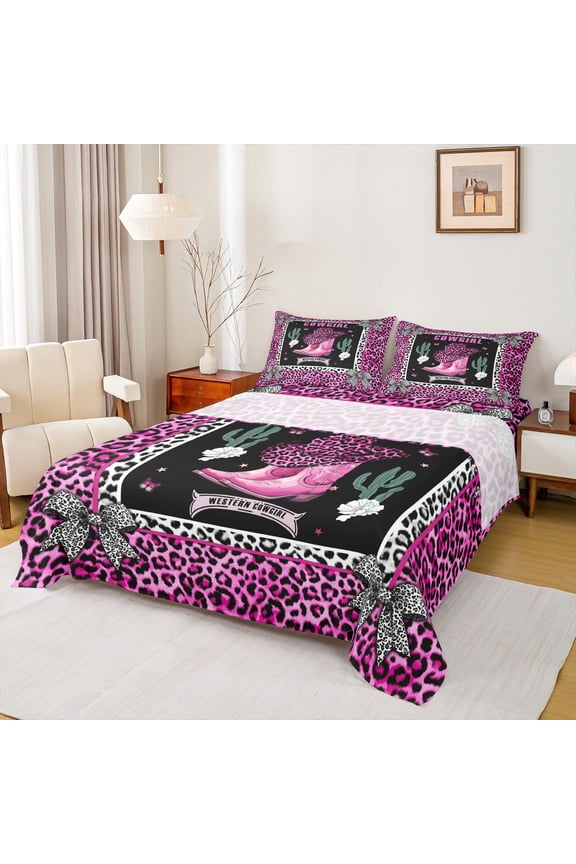 Western Cowboy Boots Twin Sheet Sets,Chic Leopard Print Twin Fitted Sheet,Cheetah Pattern Bowknot Bowtie Flat Sheet For Girls Kids,Breathable Home Decor,3 Pieces
