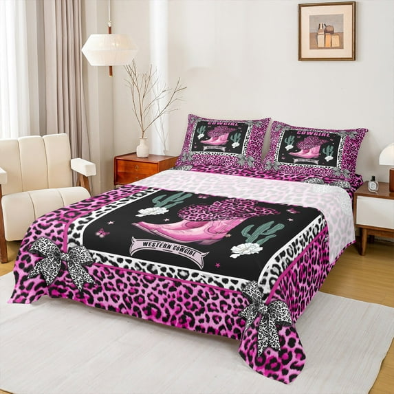 jejeloiu Western Cowboy Boots Twin Sheet Sets,Chic Leopard Print Twin Fitted Sheet,Cheetah Pattern Bowknot Bowtie Flat Sheet For Girls Kids,Breathable Home Decor,3 Pieces