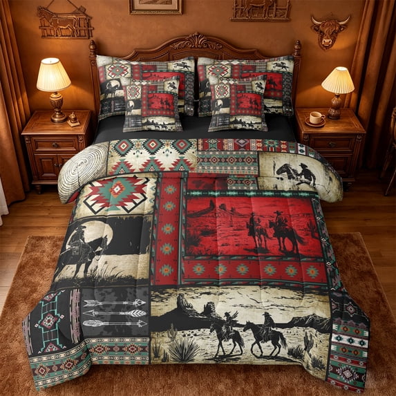 jejeloiu Western Cowboy Collage Pattern 7-Piece Twin Bedding Sets Kids,Country Print Bedding Comforter Set,Reversible