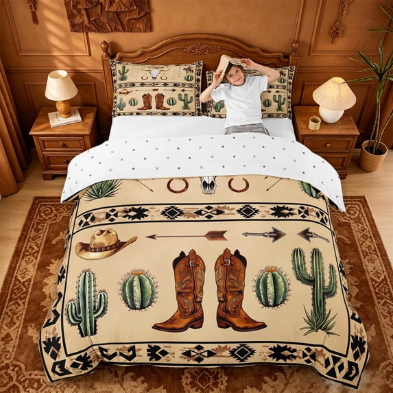jejeloiu Western Cowboy Duvet Cover Set Kids,Country Print Bedding Full,Reversible,3-Piece(No Comforter)