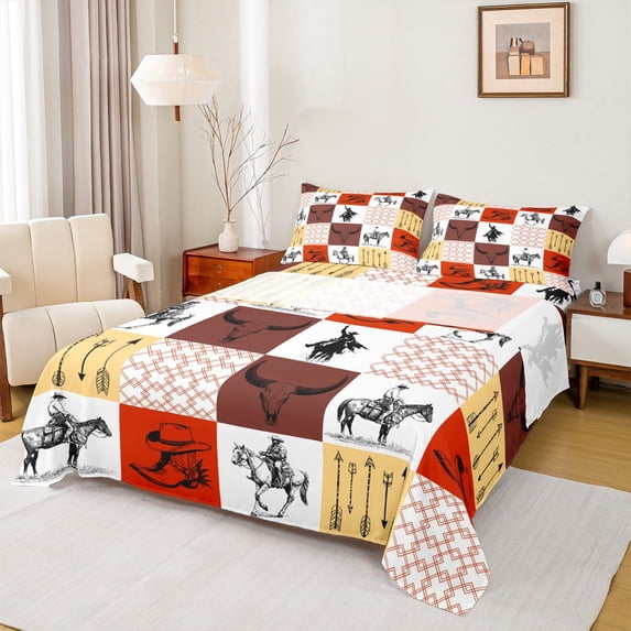 jejeloiu Western Cowboy Patchwork Pattern Queen Sheet Sets Kids,Retro Boho Farmhouse Print Bed Set,4 Pieces