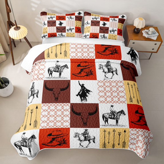 jejeloiu Western Cowboy Patchwork Pattern Quilt King Kids,Retro Boho Farmhouse Print King Coverlet Set,3-Piece